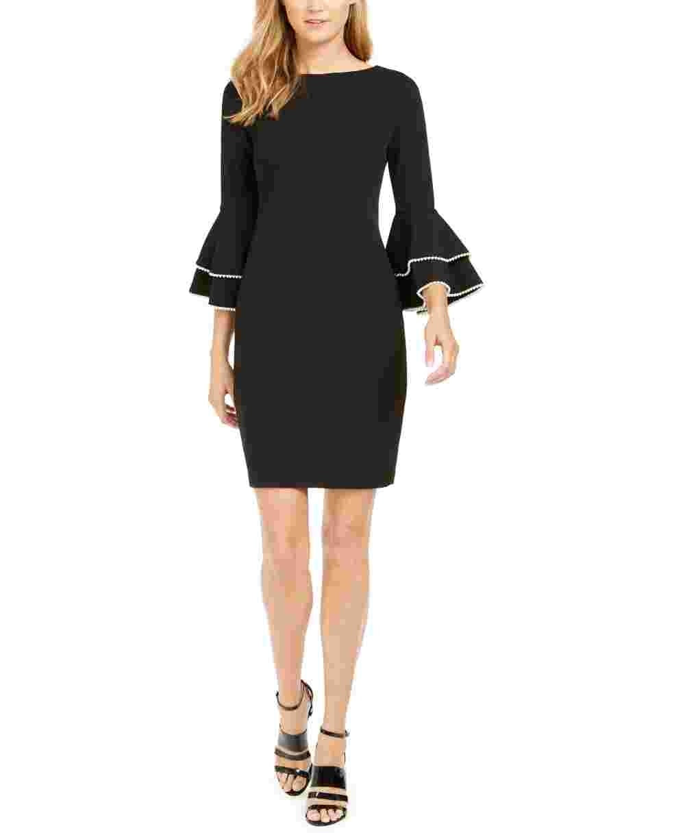 Vestido tubinho com manga sino e detalhes embelezados Calvin Klein feminino, preto, tamanho 6