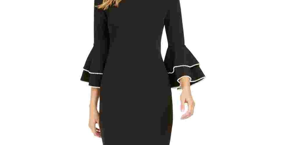 Vestido tubinho com manga sino e detalhes embelezados Calvin Klein feminino, preto, tamanho 6