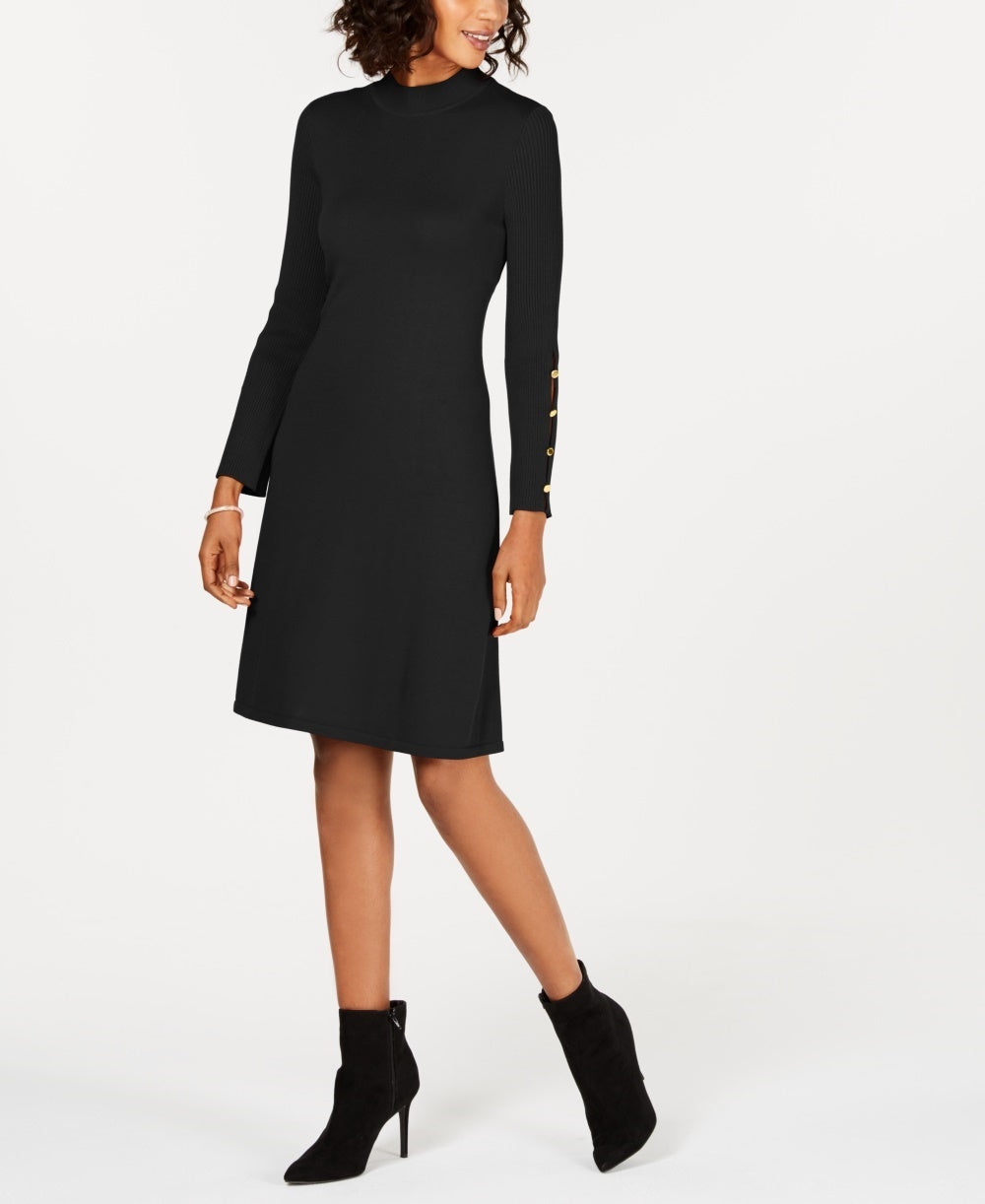 Vestido suéter feminino Nine West com mangas abotoadas, preto, tamanho médio