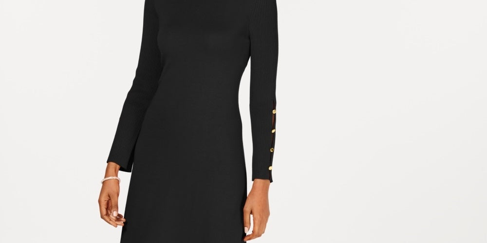 Vestido suéter feminino Nine West com mangas abotoadas, preto, tamanho médio