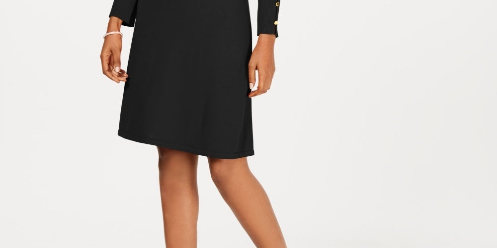 Vestido suéter feminino Nine West com mangas abotoadas, preto, tamanho médio
