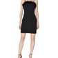 Vestido de coquetel curto com decote quadrado e alças finas, pele sintética, acabamento em penas artificiais, preto, tamanho 2