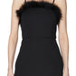 Vestido de coquetel curto com decote quadrado e alças finas, pele sintética, acabamento em penas artificiais, preto, tamanho 2