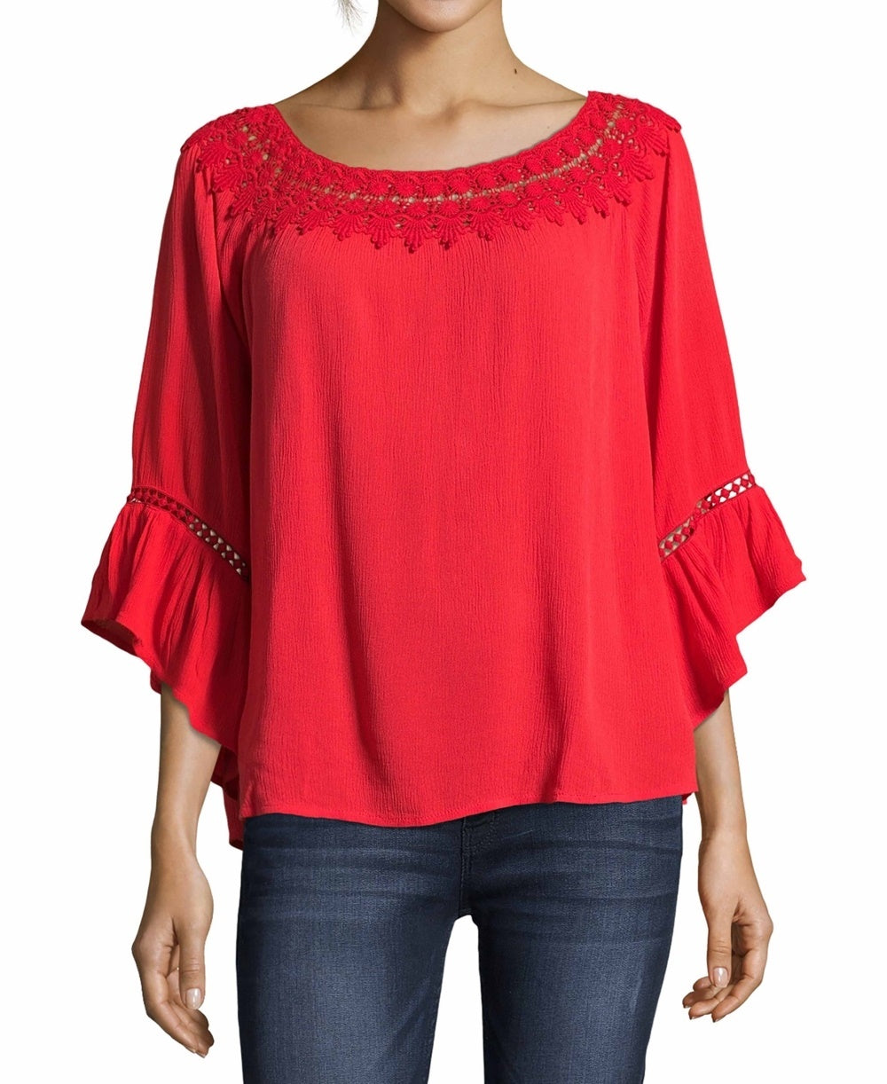 Blusa feminina John Paul Richard com babados e acabamento em crochê, laranja, tamanho pequeno