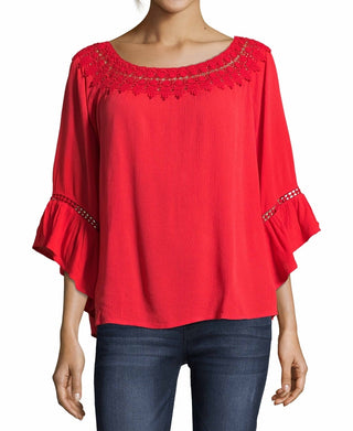 Blusa feminina John Paul Richard com babados e acabamento em crochê, laranja, tamanho pequeno