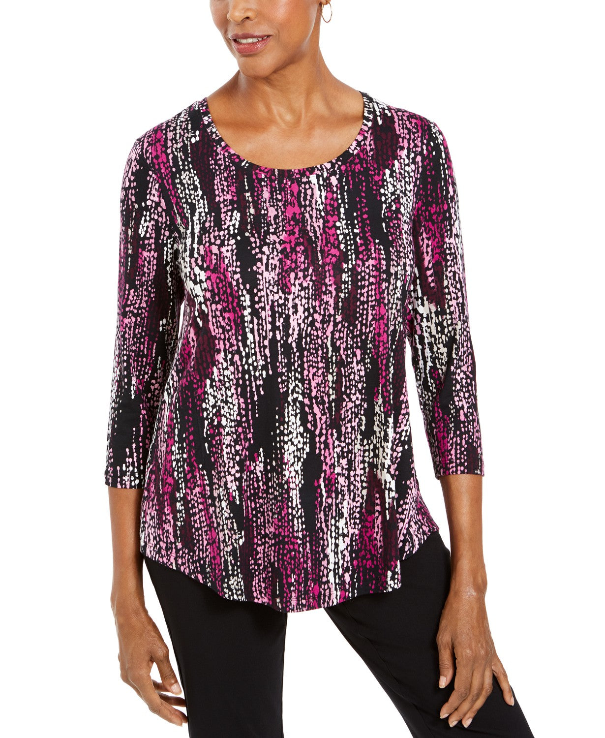 JM Collection Blusa feminina estampada com bainha curta roxa, vários tamanhos, pequena P