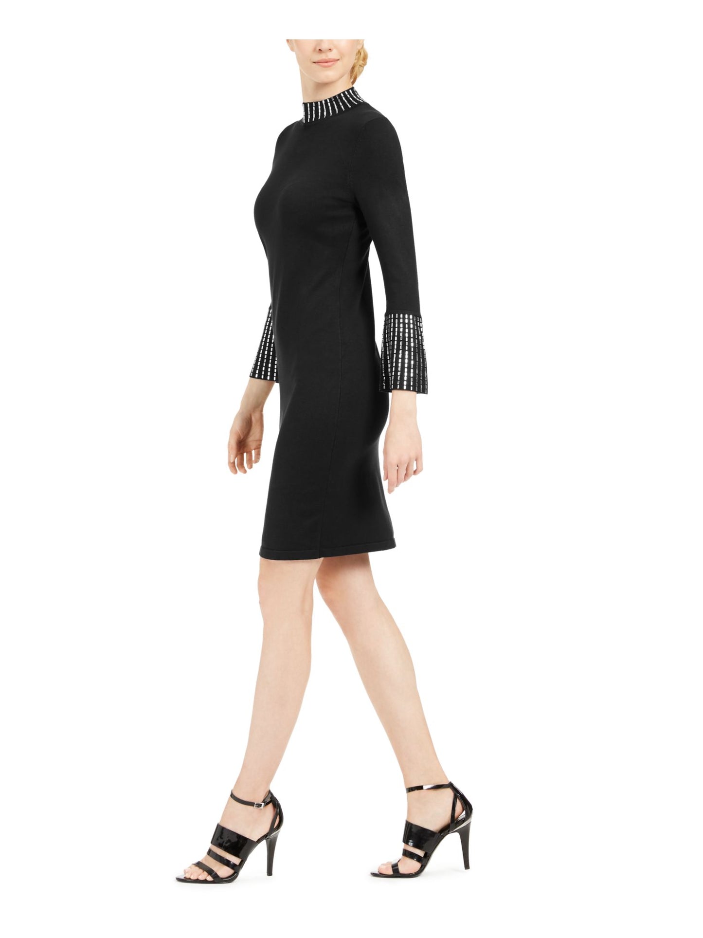 Vestido suéter feminino Calvin Klein com mangas sino e detalhes em renda, preto, tamanho pequeno, extrapequeno