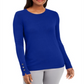 Suéter feminino JM Collection com punho de botão e gola redonda, azul, tamanho pequeno G