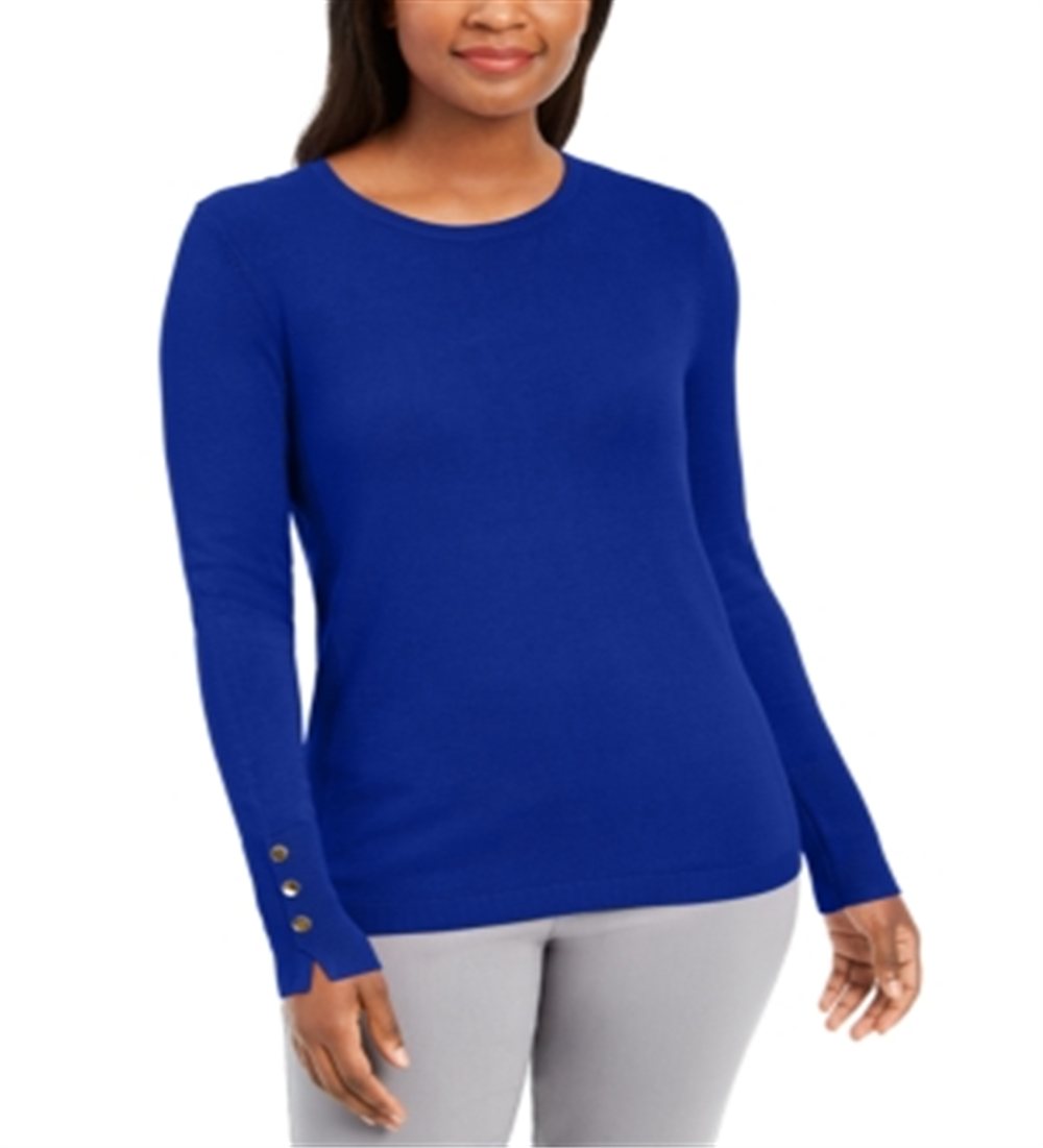 Suéter feminino JM Collection com punho de botão e gola redonda, azul, tamanho pequeno G