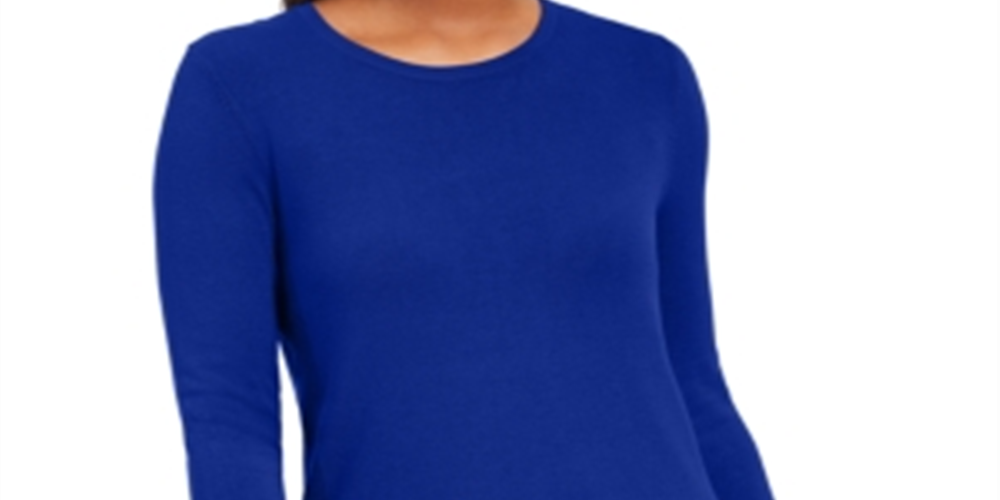 Suéter feminino JM Collection com punho de botão e gola redonda, azul, tamanho pequeno G