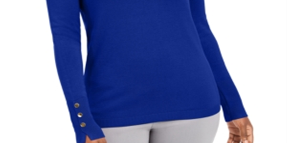 Suéter feminino JM Collection com punho de botão e gola redonda, azul, tamanho pequeno G