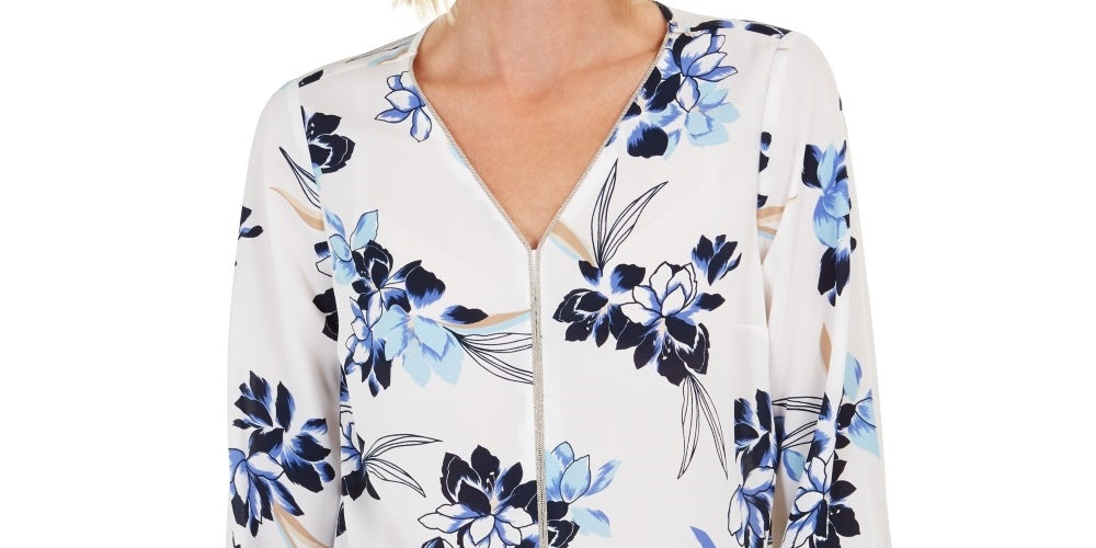 Túnica feminina com decote em Y e detalhes em renda, tamanho médio, branca, da coleção JM