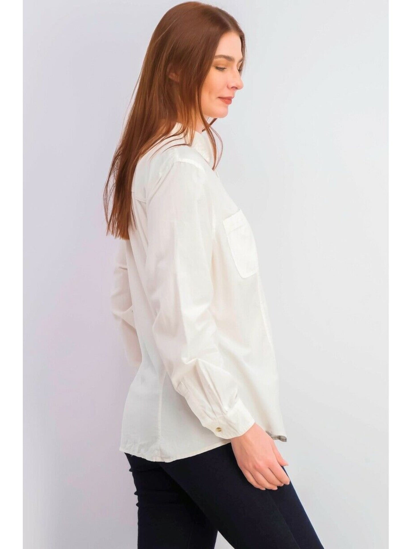 Charter Club Blusa feminina de veludo cotelê com mistura de algodão e manga comprida, com botões, branca, tamanho pequeno grande