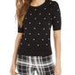 Suéter feminino Maison Jules com bolinhas bordadas e manga 3/4, gola alta, preto, tamanho grande