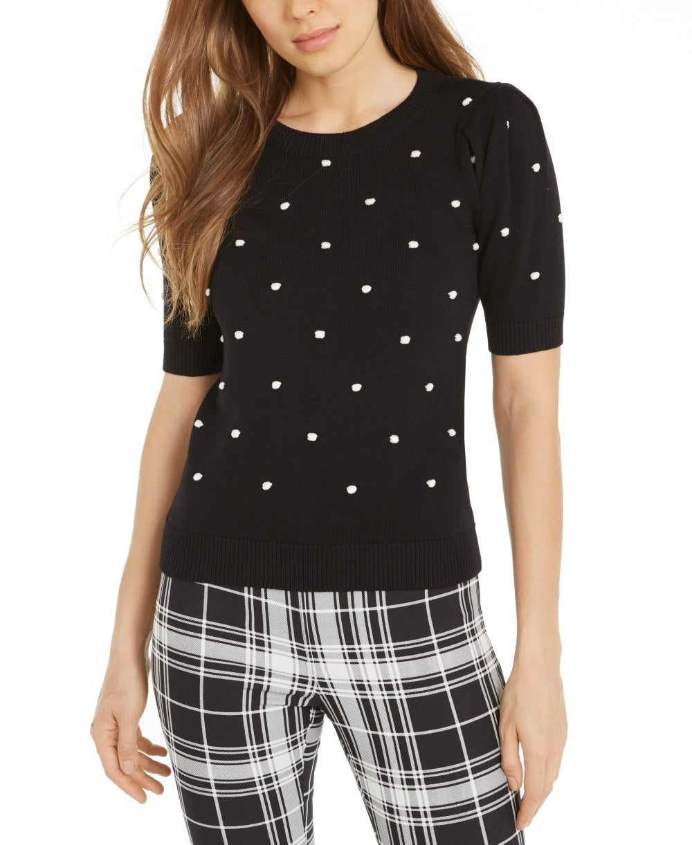 Suéter feminino Maison Jules com bolinhas bordadas e manga 3/4, gola alta, preto, tamanho grande