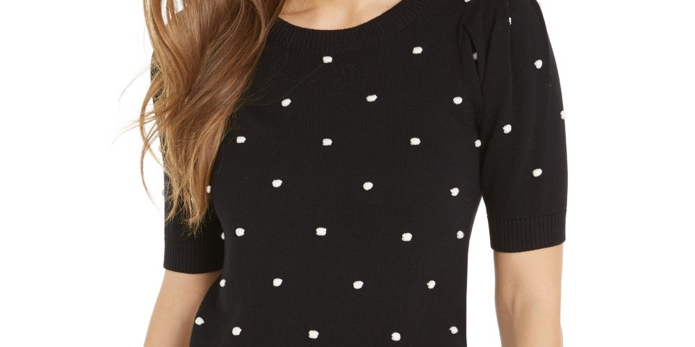 Suéter feminino Maison Jules com bolinhas bordadas e manga 3/4, gola alta, preto, tamanho grande