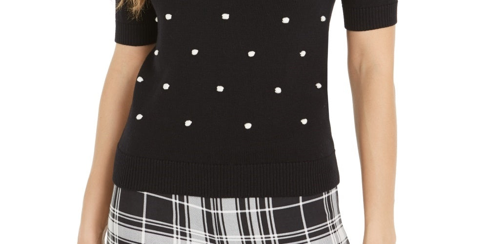 Suéter feminino Maison Jules com bolinhas bordadas e manga 3/4, gola alta, preto, tamanho grande