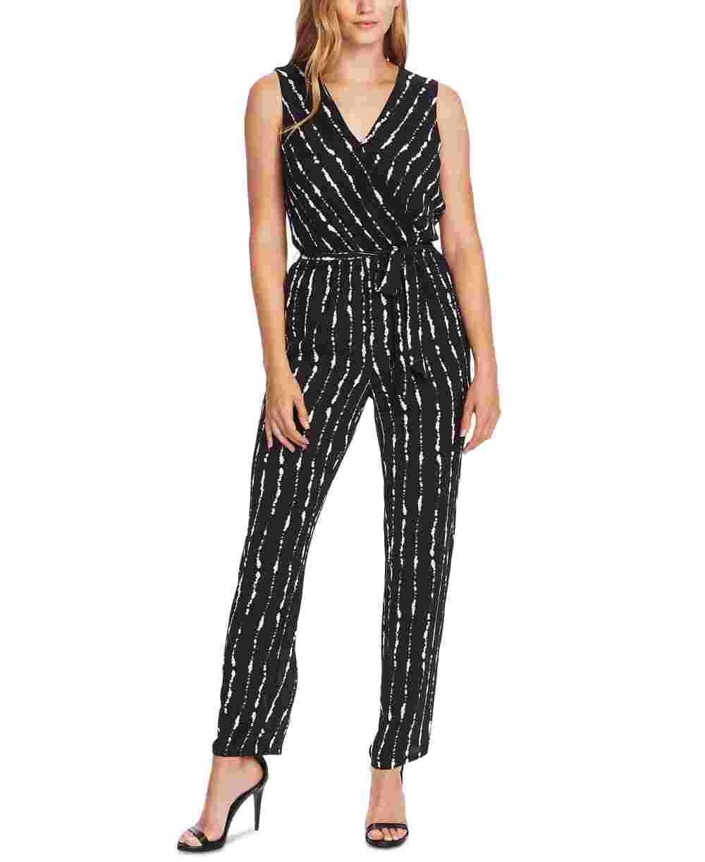 Macacão feminino Vince Camuto Stripe Impressions sem mangas com cinto, preto, tamanho 14