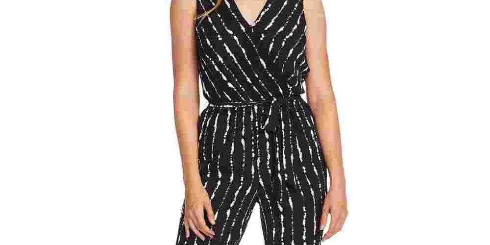 Macacão feminino Vince Camuto Stripe Impressions sem mangas com cinto, preto, tamanho 14