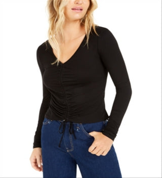 Blusa feminina Bar III com cordão franzido, preta, tamanho XXS