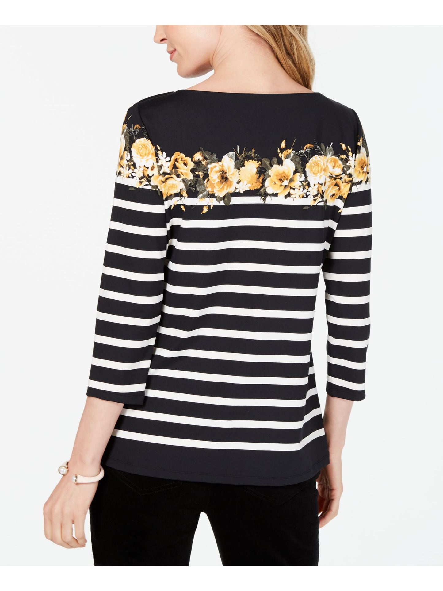 Charter Club Top feminino com detalhe de botão elástico e manga 3/4 floral, gola canoa, preto, tamanho pequeno, extragrande