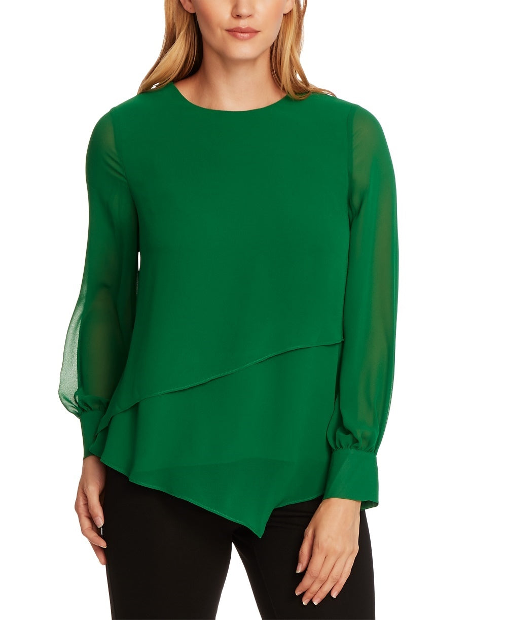 Vince Camuto Top assimétrico de chiffon com camada dupla feminino, verde, tamanho pequeno