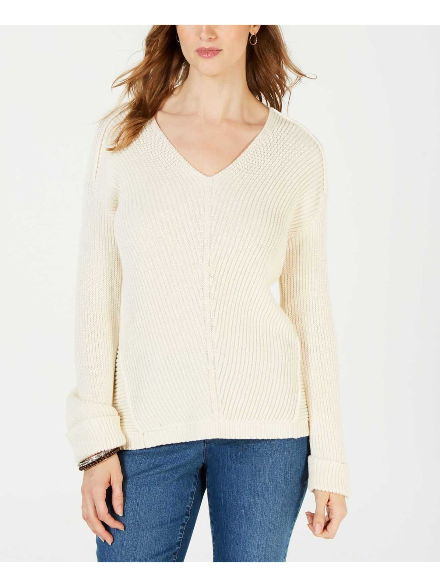 Suéter feminino de manga comprida estampado Charter Club tamanho baunilha pequeno grande