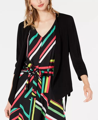 Jaqueta feminina Bar III com frente aberta e amarração lateral, preta, tamanho médio