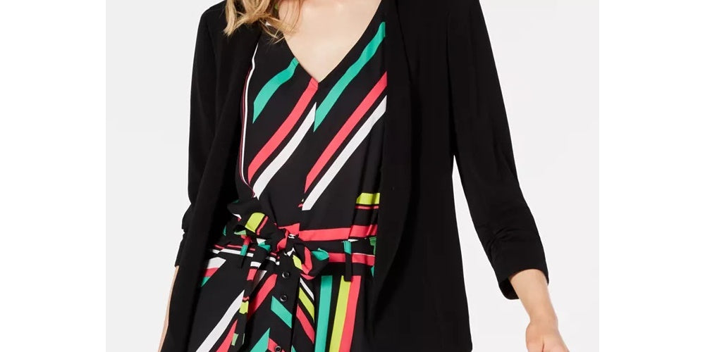 Jaqueta feminina Bar III com frente aberta e amarração lateral, preta, tamanho médio