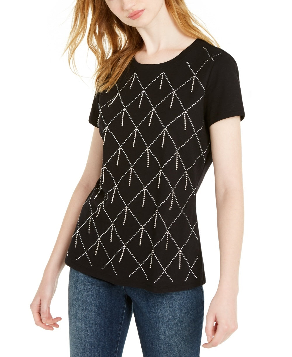 Camiseta feminina INC International Concepts de algodão com strass e detalhes em chuva, preta, tamanho X-S
