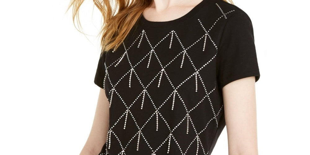 Camiseta feminina INC International Concepts de algodão com strass e detalhes em chuva, preta, tamanho X-S