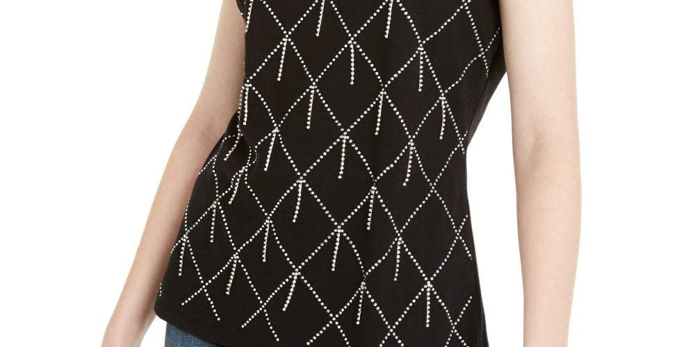 Camiseta feminina INC International Concepts de algodão com strass e detalhes em chuva, preta, tamanho X-S