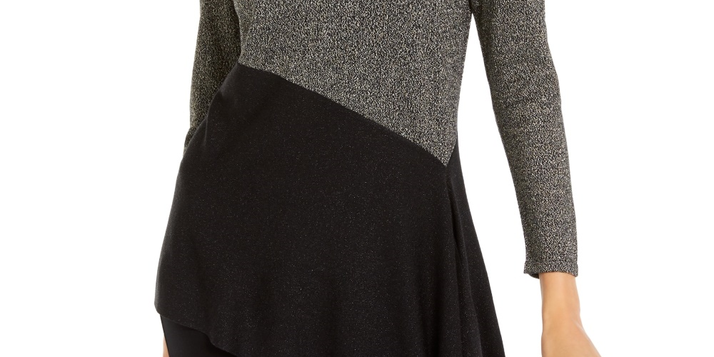 Suéter assimétrico com blocos de cores Alfani feminino, preto, tamanho pequeno e pequeno