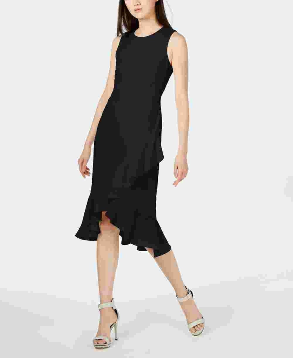 Vestido Calvin Klein Feminino Sem Mangas com Babados e Bainha Envolvente Preto Tamanho 14