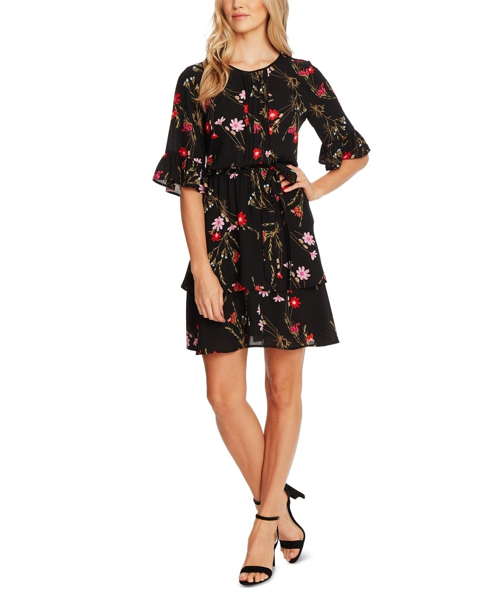 Vestido CeCe Feminino Enchanted Wildflower com Babados e Flare, Preto, Tamanho 6