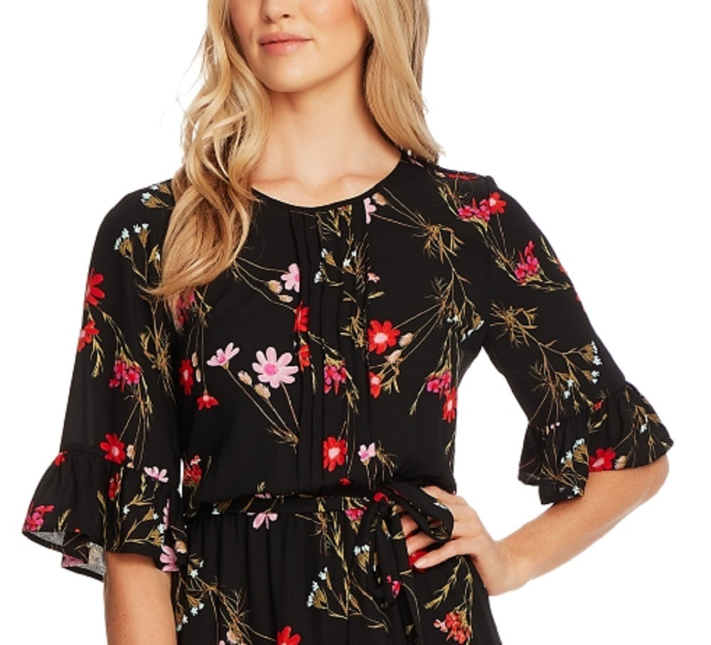 Vestido CeCe Feminino Enchanted Wildflower com Babados e Flare, Preto, Tamanho 6
