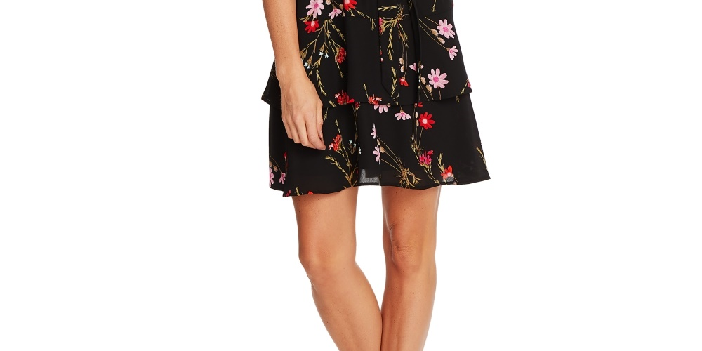 Vestido CeCe Feminino Enchanted Wildflower com Babados e Flare, Preto, Tamanho 6