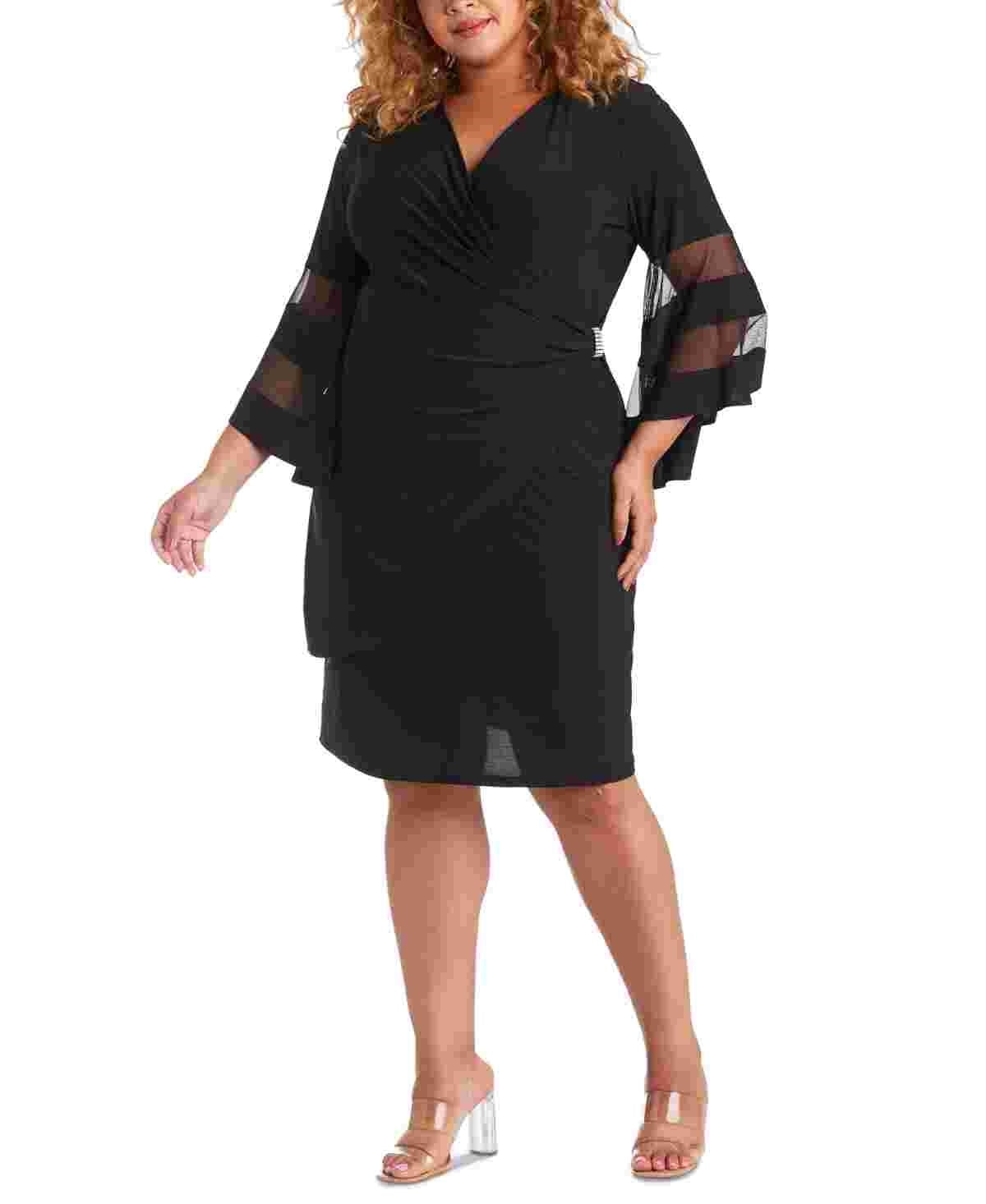 Vestido feminino plus size Illusion com manga sino e decote V R&amp;M Richards, preto, tamanho 16W