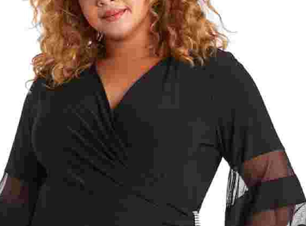 Vestido feminino plus size Illusion com manga sino e decote V R&amp;M Richards, preto, tamanho 16W