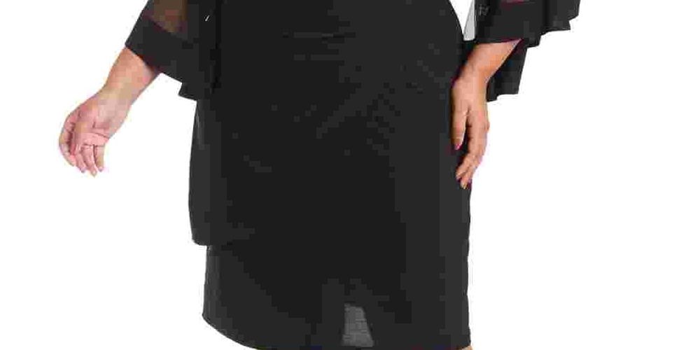 Vestido feminino plus size Illusion com manga sino e decote V R&amp;M Richards, preto, tamanho 16W