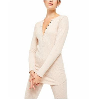 Blusa feminina Free People bege mesclada manga comprida decote em V tamanho natural médio
