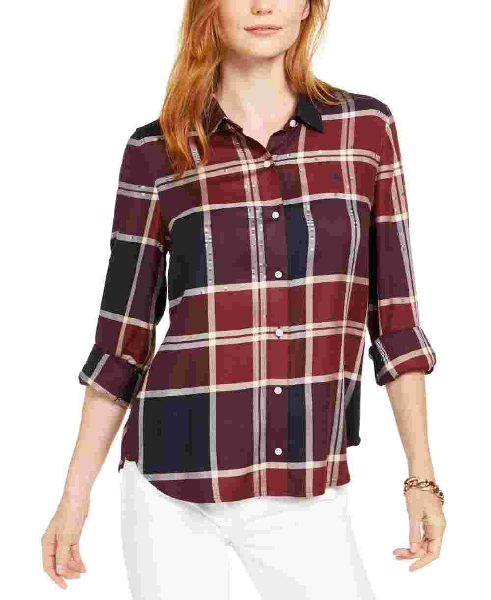 Camisa xadrez com aba dobrável Tommy Hilfiger Windowpane feminina, vermelha, tamanho grande