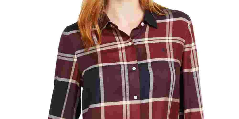 Camisa xadrez com aba dobrável Tommy Hilfiger Windowpane feminina, vermelha, tamanho grande