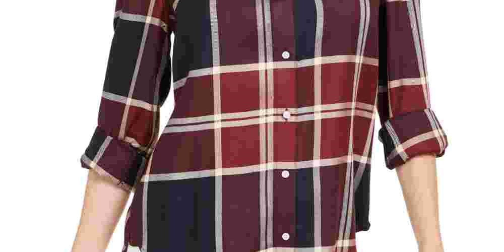 Camisa xadrez com aba dobrável Tommy Hilfiger Windowpane feminina, vermelha, tamanho grande