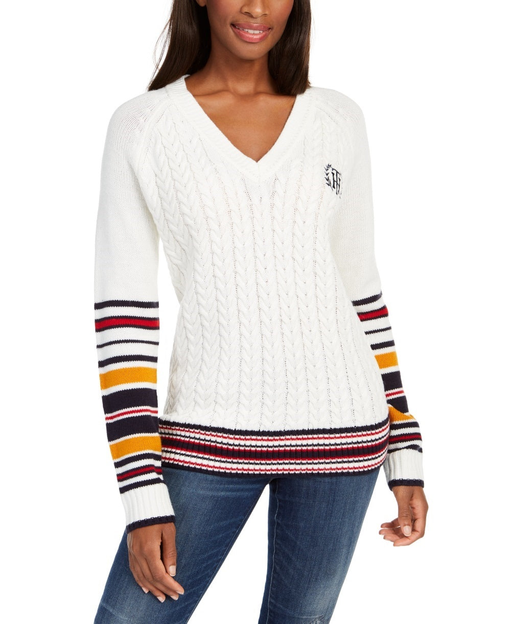 Tommy Hilfiger Suéter feminino Varsity Stripe Cable-Knit, branco, tamanho médio