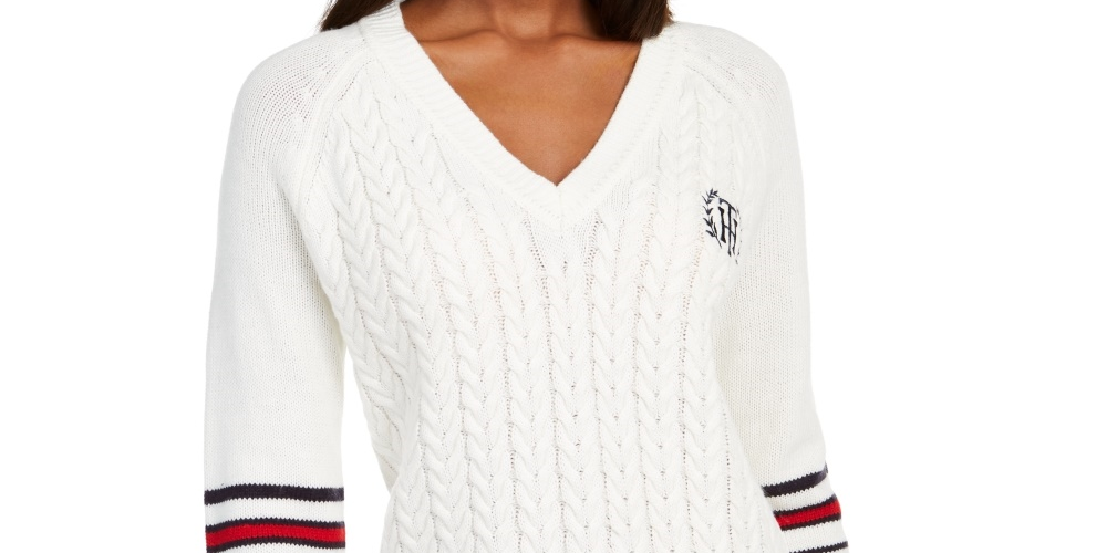 Tommy Hilfiger Suéter feminino Varsity Stripe Cable-Knit, branco, tamanho médio