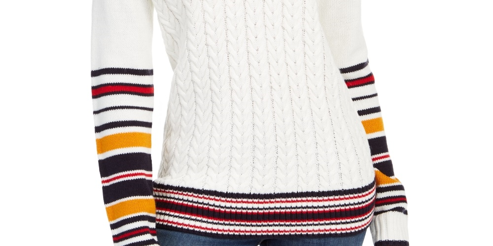 Tommy Hilfiger Suéter feminino Varsity Stripe Cable-Knit, branco, tamanho médio