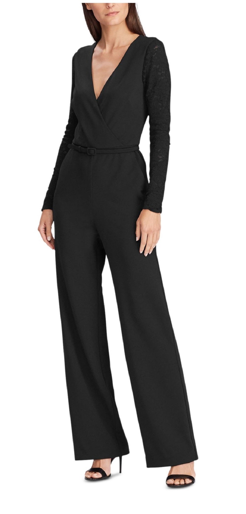 Ralph Lauren Women's Belted Long Sleeve V Neck Jumpsuit Black Size 12