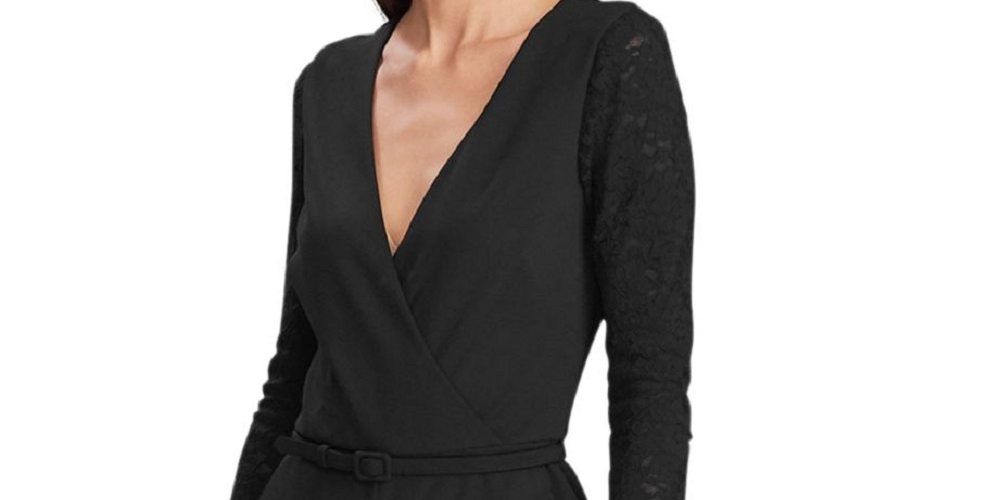 Macacão Ralph Lauren Feminino com Cinto, Manga Longa, Decote em V, Preto, Tamanho 12