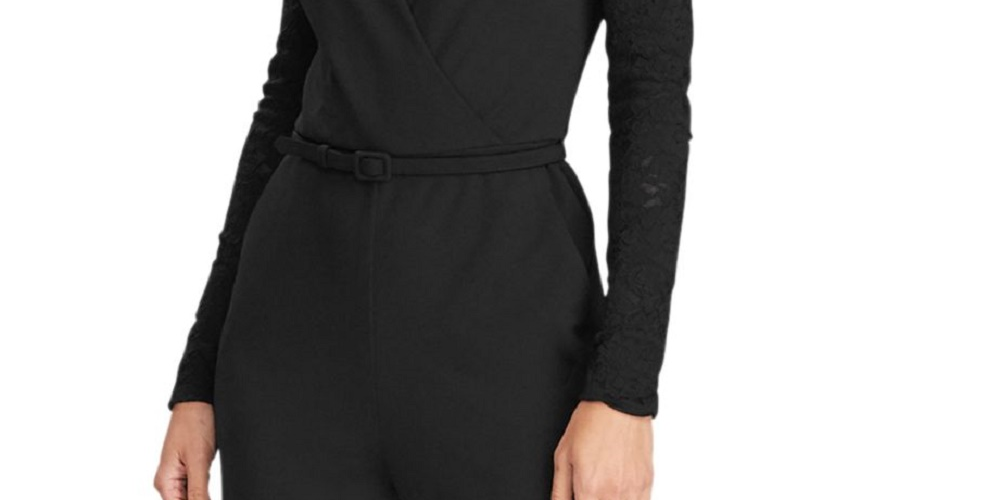 Macacão Ralph Lauren Feminino com Cinto, Manga Longa, Decote em V, Preto, Tamanho 12